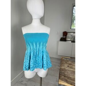 Smoked Strapless Babydoll Top Blue Polka Dots One Size